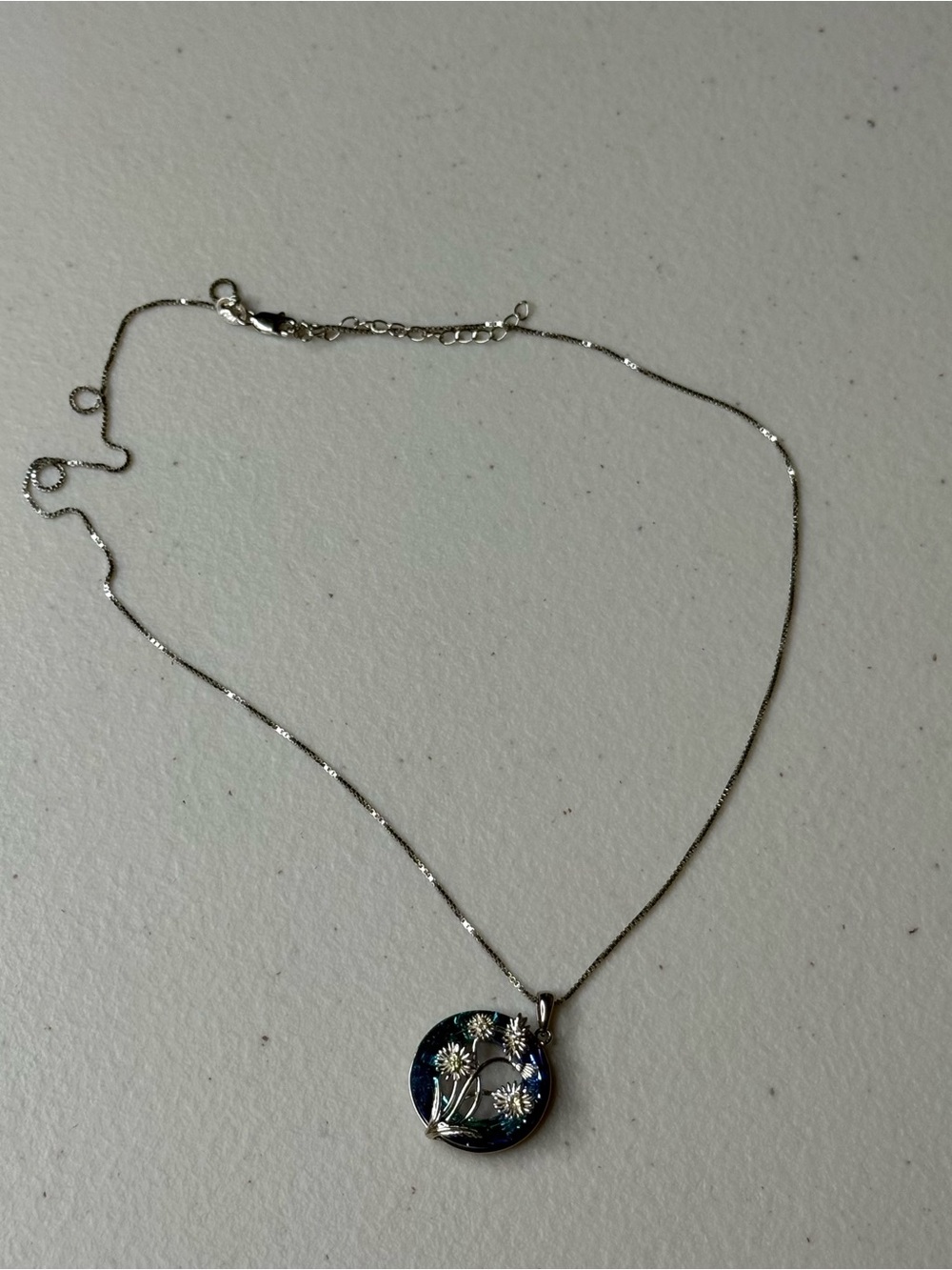 Italy 925 Sterling Silver Blue Iridescent Floral Pendant Necklace S925 - Picture 9 of 12
